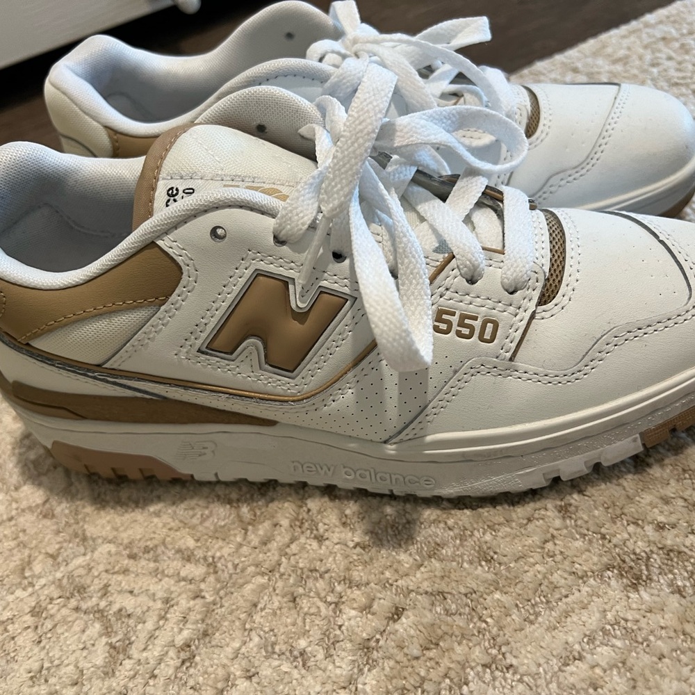 New Balance 550 White and Gold Athletic Shoes